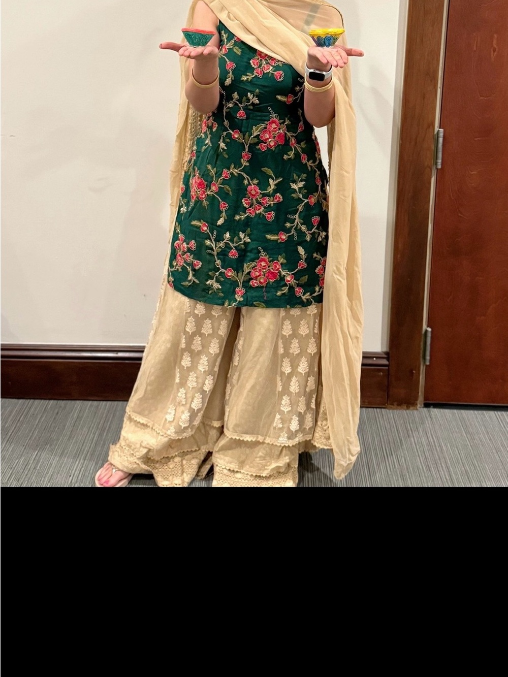 Embroidered Green Floral Kurta with Cream Sharara Set